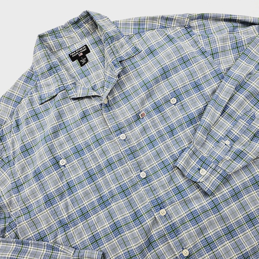 Polo Jeans Co Ralph Lauren Mens Large Button Up Shirt Plaid Flag Logo Blue Green